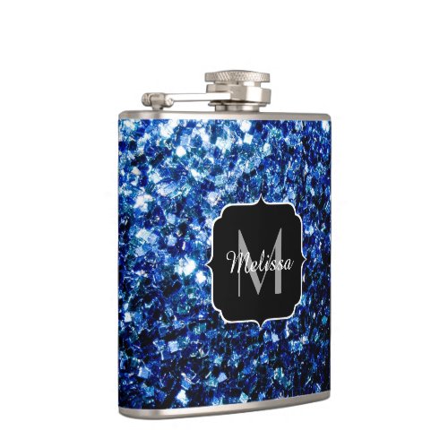 Dark Blue deep shiny faux glitter sparkle Monogram Hip Flask