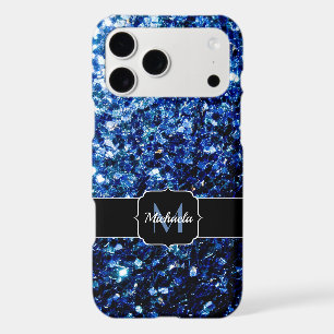 Dark Blue deep shiny faux glitter sparkle Monogram iPhone 17 Pro Max Case