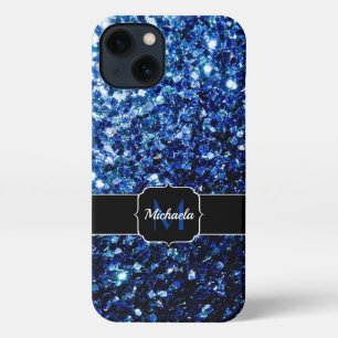 Dark Blue deep shiny faux glitter sparkle Monogram iPhone 13 Case