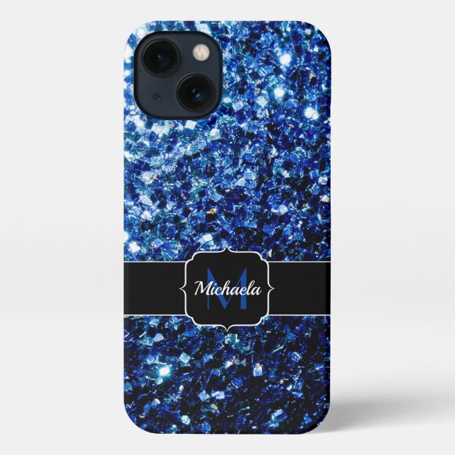 Dark Blue deep shiny faux glitter sparkle Monogram iPhone Case (Back)