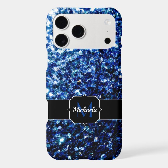 Dark Blue deep shiny faux glitter sparkle Monogram iPhone Case (Back)