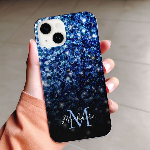 Dark Blue deep shiny faux glitter sparkle Monogram iPhone 14 Case