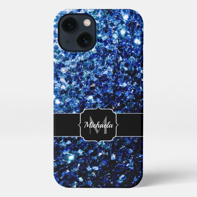 Dark Blue deep shiny faux glitter sparkle Monogram iPhone Case (Back)