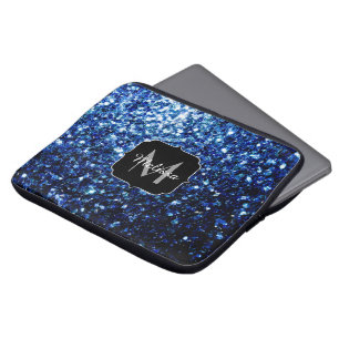 Dark Blue deep shiny faux glitter sparkle Monogram Laptop Sleeve