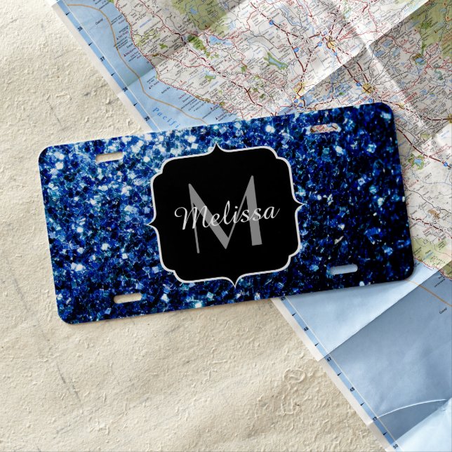 Dark Blue deep shiny faux glitter sparkle Monogram License Plate (In Situ)