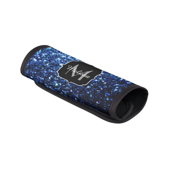 Dark Blue deep shiny faux glitter sparkle Monogram Luggage Handle Wrap (Angled)