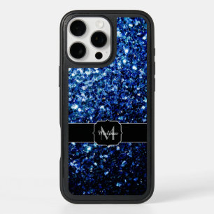 Dark Blue deep shiny faux glitter sparkle Monogram iPhone 16 Pro Max Case