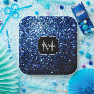 Dark Blue deep shiny faux glitter sparkle Monogram Paper Plates