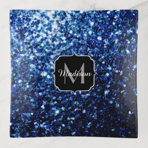 Dark Blue deep shiny faux glitter sparkle Monogram Trinket Tray