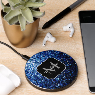 Dark Blue deep shiny faux glitter sparkle Monogram Wireless Charger