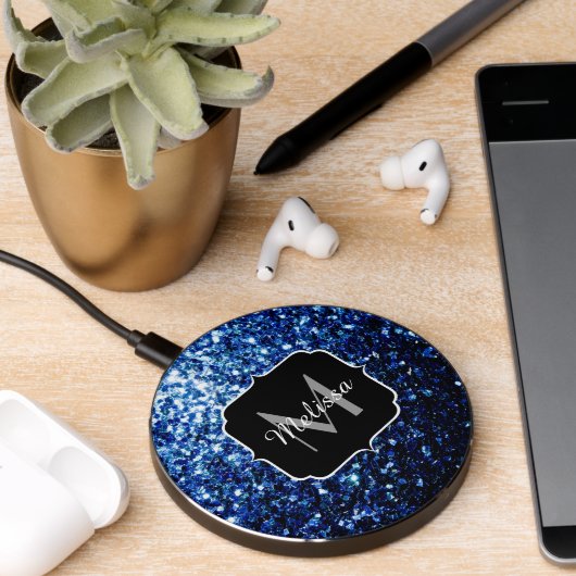 Dark Blue deep shiny faux glitter sparkle Monogram Wireless Charger (Desk 2)