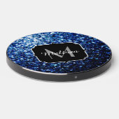 Dark Blue deep shiny faux glitter sparkle Monogram Wireless Charger (Front 2)