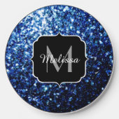 Dark Blue deep shiny faux glitter sparkle Monogram Wireless Charger (Front)
