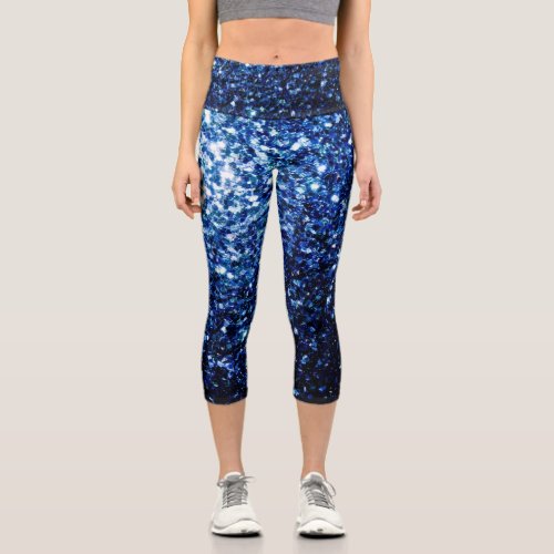 Dark Blue deep shiny faux glitter sparkles Capri Leggings