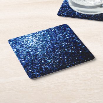 Dark Blue Deep Shiny Faux Glitter Sparkles Square Paper Coaster by PLdesign at Zazzle