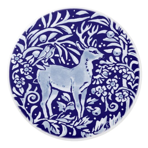Dark Blue Deer Buck Bird Woodland Animal Floral Ceramic Knob