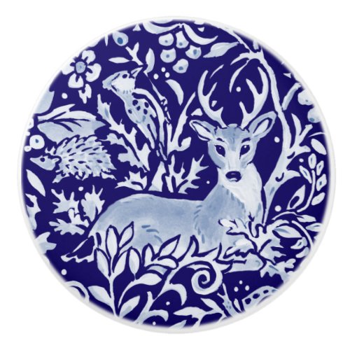 Dark Blue Deer Hedgehog Woodland Animal Floral Ceramic Knob