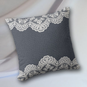 Dark Blue Denim and Lace Throw Pillow