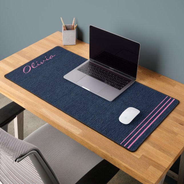 Dark Blue Denim Print, Pink Script Name  Desk Mat (Office 2)