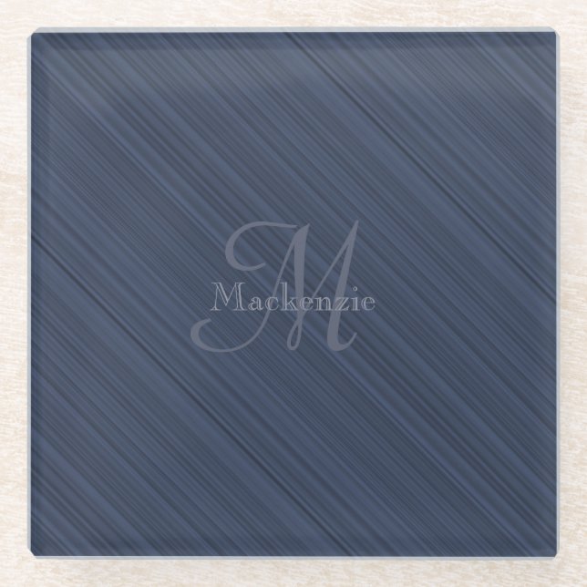 Dark Blue Diagonal Stripes Custom Monogram Name Glass Coaster (Front)
