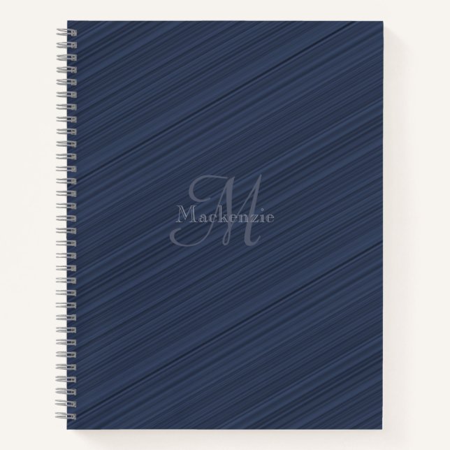 Dark Blue Diagonal Stripes Custom Monogram Name Notebook (Front)
