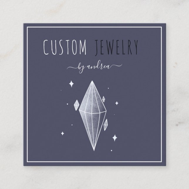 Dark Blue Diamond Jewelry Designer QR Code Social Square Business Card (Front)