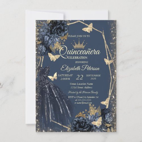 Dark Blue Dress,Roses,Gold Butterflies Quinceañera