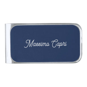 Dark Blue Elegant Casual Own Name Handwriting Silver Finish Money Clip