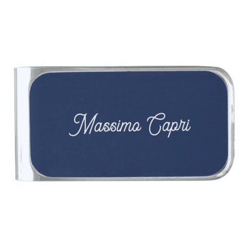 Dark Blue Elegant Casual Own Name Handwriting Silver Finish Money Clip