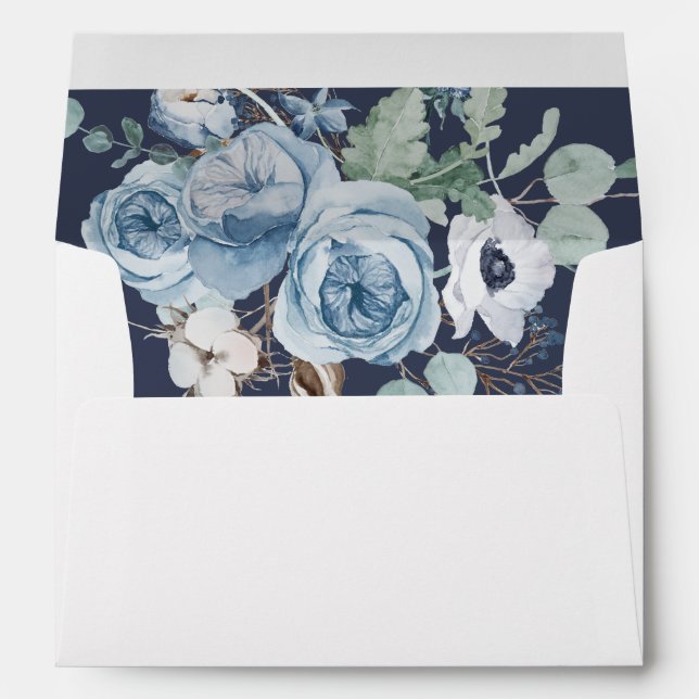 Dark Blue Elegant Floral Script Wedding Envelope (Back (Bottom))