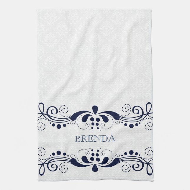 Dark Blue Elegant Floral Swirls Frame Monogram Kitchen Towel (Vertical)