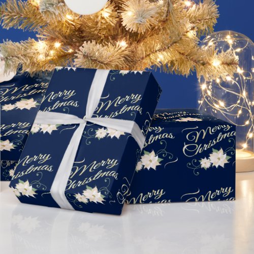 Dark Blue Elegant Merry Christmas White Poinsettia Wrapping Paper