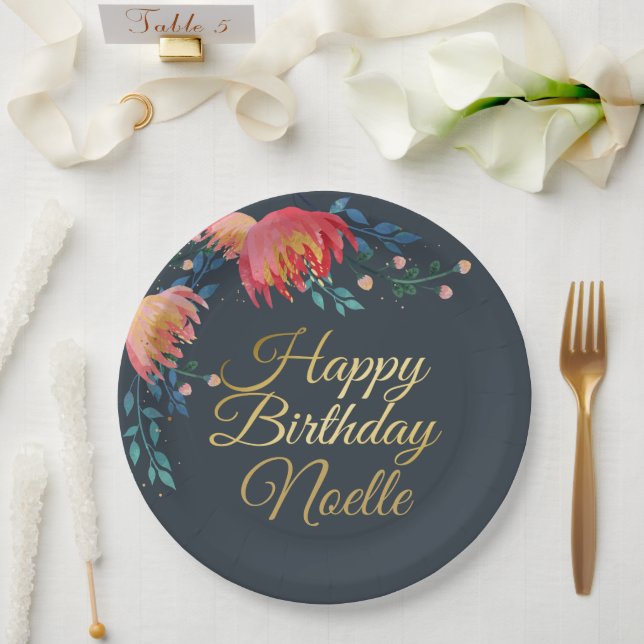 Dark Blue, Elegant, Whimsical Flowers, Gold Accent Paper Plates (Wedding)