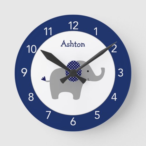 Dark Blue Elephant Custom Nursery Round Clock