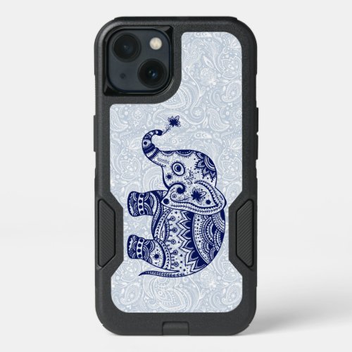 Dark Blue Elephant Tribal Floral Illustration iPhone 13 Case