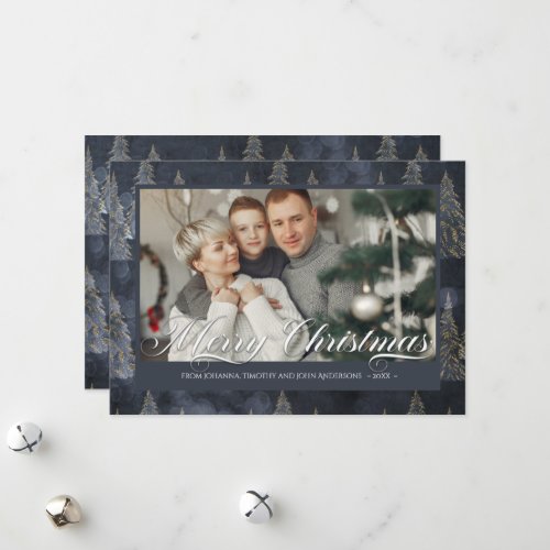 Dark Blue Family Photo Elegant Christmas Tree Holiday Card