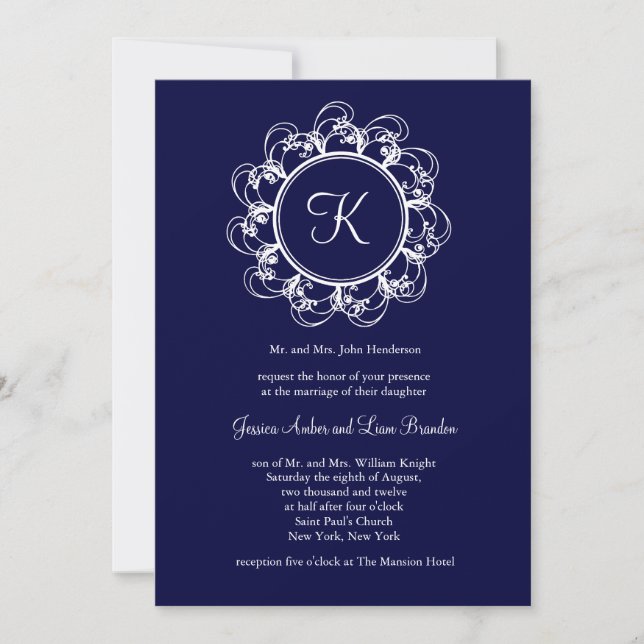 Dark Blue Fancy Monogram Wedding Invitation (Front)