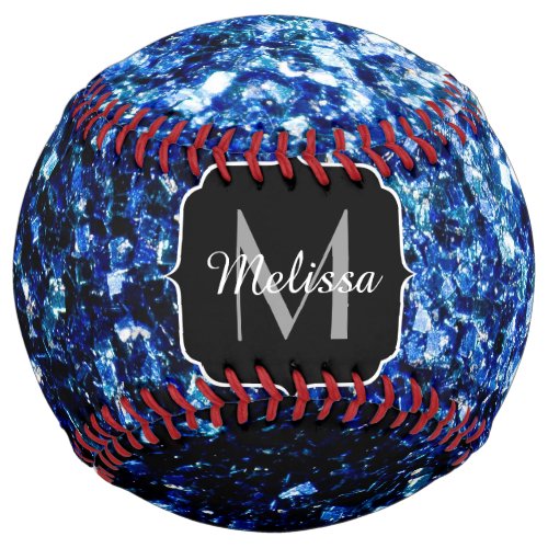 Dark blue faux glitter sparkle Monogram name Softball