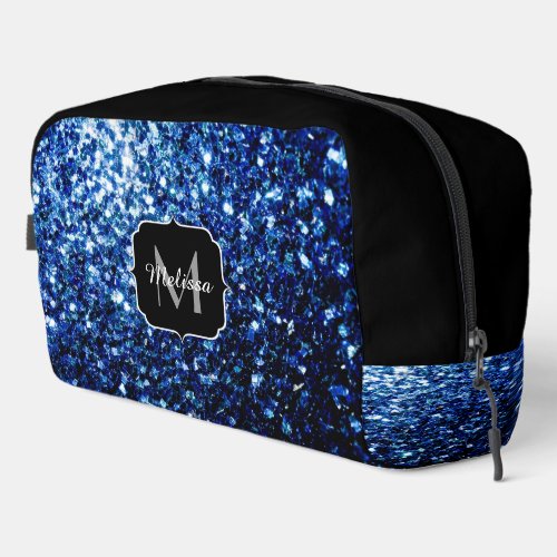 Dark blue faux glitter sparkles black Monogram Dopp Kit