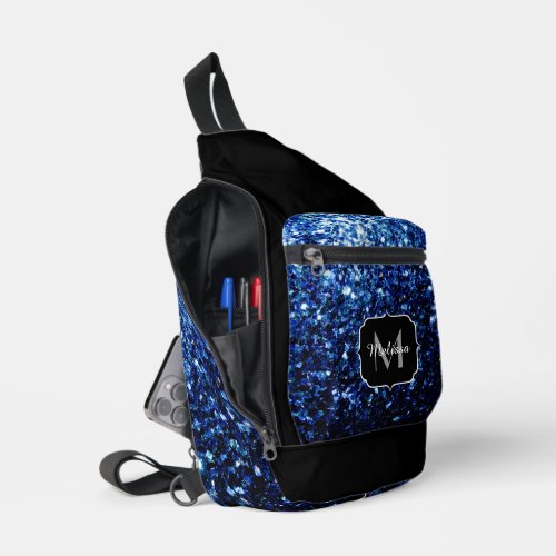Dark blue faux glitter sparkles Black Monogram Sling Bag