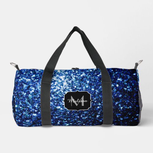 Dark blue faux glitter sparkles Monogram Duffle Bag