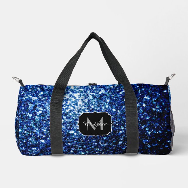 Dark blue faux glitter sparkles Monogram Duffle Bag (Front)