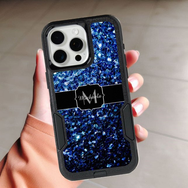 Dark blue faux glitter sparkles Monogram iPhone 15 Pro Max Case (Sparkle up and protect your phone with trendy faux sparkles phone case. In many different colors.)
