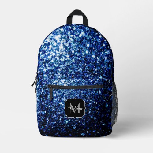 Dark blue faux glitter sparkles Monogram Printed Backpack