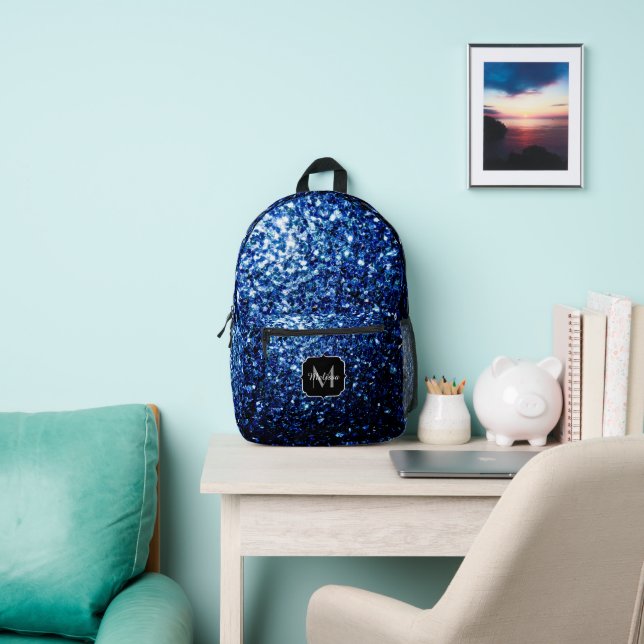 Dark blue faux glitter sparkles Monogram Printed Backpack (Insitu)