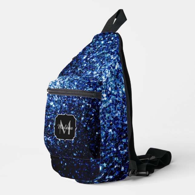 Dark blue faux glitter sparkles Monogram Sling Bag (Right Corner)