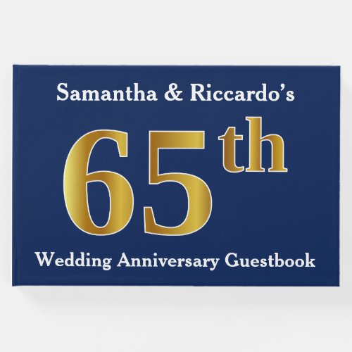 Dark Blue  Faux Gold 65th Wedding Anniversary Guest Book