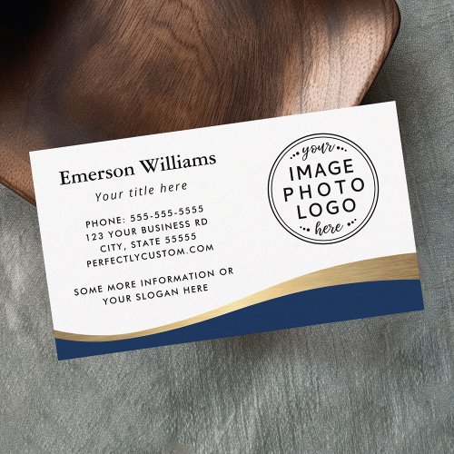 Dark blue faux golden wave custom logo business card
