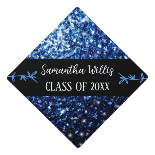 Dark blue faux sparkles Custom name Class Graduation Cap Topper