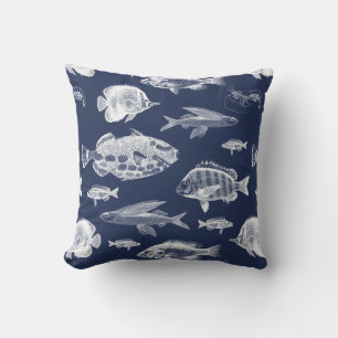 Dark Blue Fish Throw Pillow